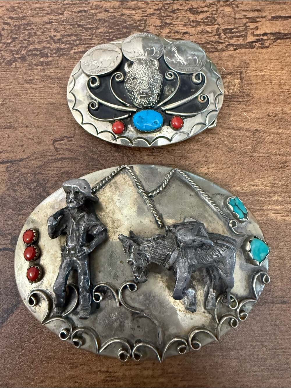 Two Handcrafted Silver-Tone Western Buckle with Turquoise and Red Stone Accents